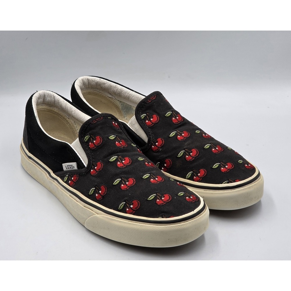 Vans Classic Slip On Cherry Print Shoes Black Mens 8 Women's 9.5 Skateboarding